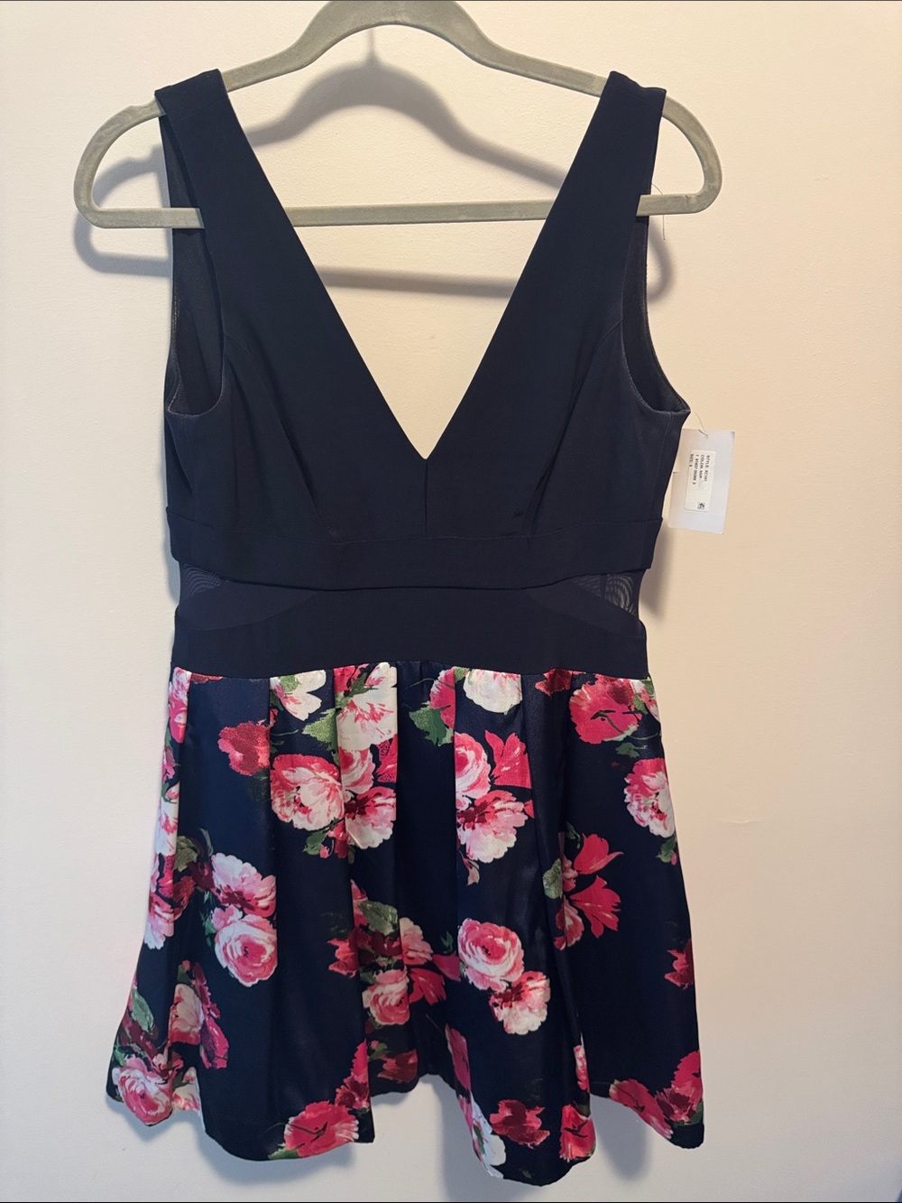 Xscape One-Shoulder Floral Fit-and-Flare Dress - Navy and Pink